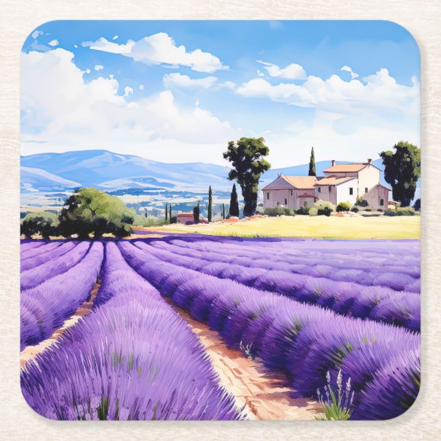 Beautiful lavender field in Provence, France Square Paper Coaster (Front)