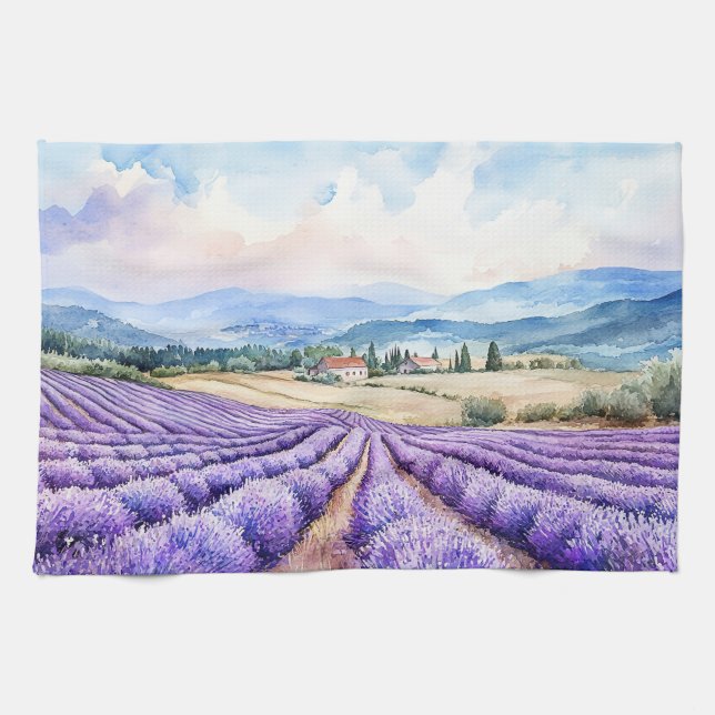 Beautiful lavender fields watercolours kitchen towel (Horizontal)