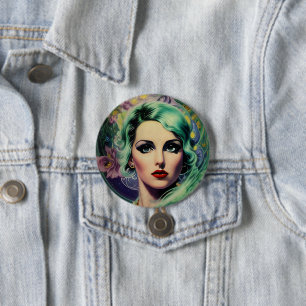 Beautiful Lavender & Green Retro Style Space Woman 3 Inch Round Button