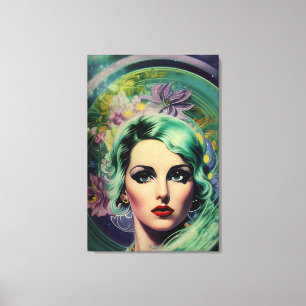 Beautiful Lavender & Green Retro Style Space Woman Canvas Print