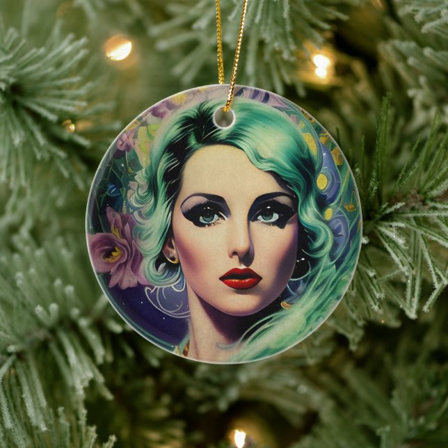 Beautiful Lavender & Green Retro Style Space Woman Ceramic Ornament (Tree)