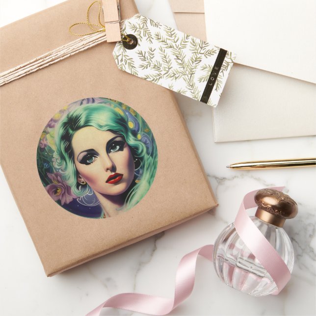 Beautiful Lavender & Green Retro Style Space Woman Classic Round Sticker (Gifting)