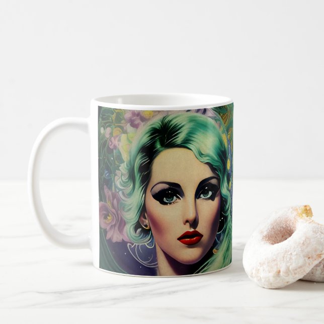 Beautiful Lavender & Green Retro Style Space Woman Coffee Mug (With Donut)