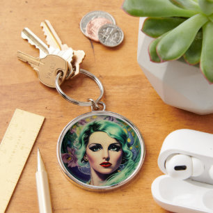 Beautiful Lavender & Green Retro Style Space Woman Keychain