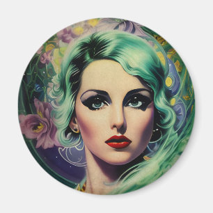 Beautiful Lavender & Green Retro Style Space Woman Magnet