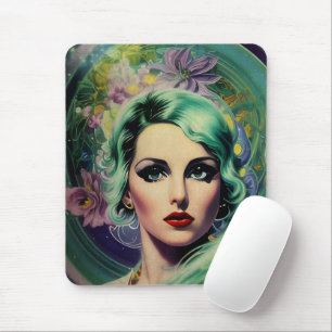 Beautiful Lavender & Green Retro Style Space Woman Mouse Pad