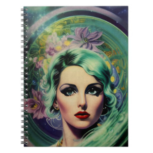 Beautiful Lavender & Green Retro Style Space Woman Notebook