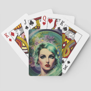 Beautiful Lavender & Green Retro Style Space Woman Playing Cards