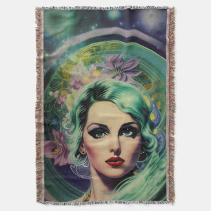 Beautiful Lavender & Green Retro Style Space Woman Throw Blanket