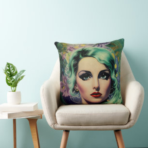 Beautiful Lavender & Green Retro Style Space Woman Throw Pillow