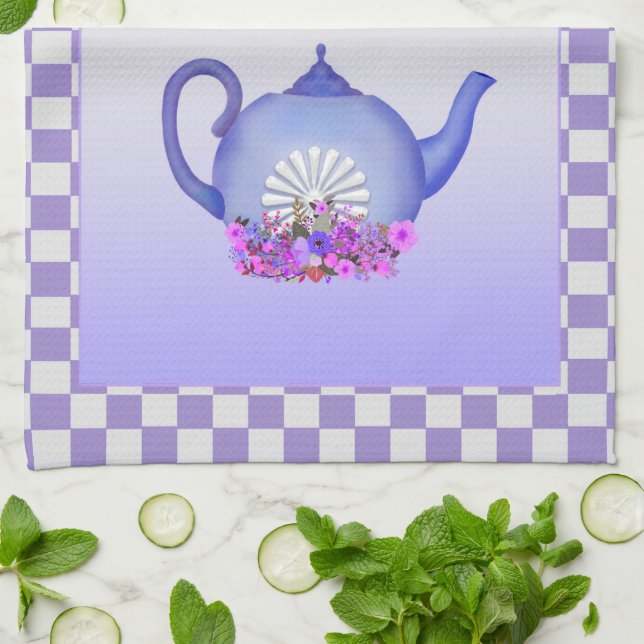 Beautiful Lavender Teapot + Flowers Kitchen Towel (Folded)