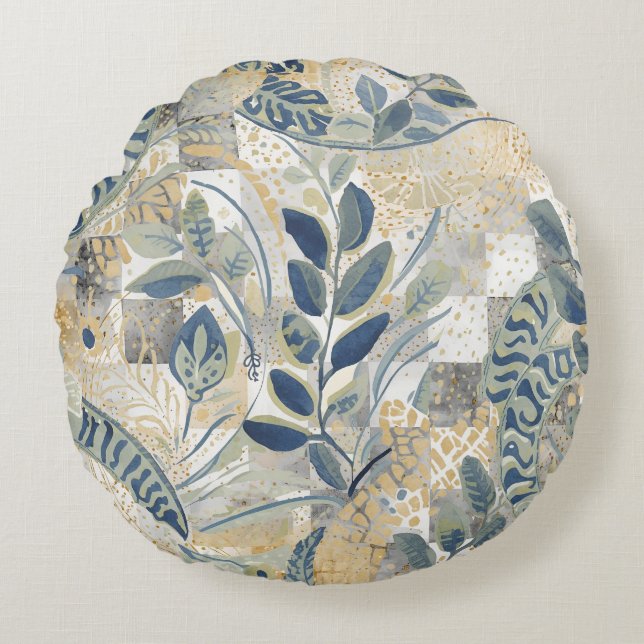 Beautiful Leaves Pattern, Blue Gold Beige Round Pillow (Front)