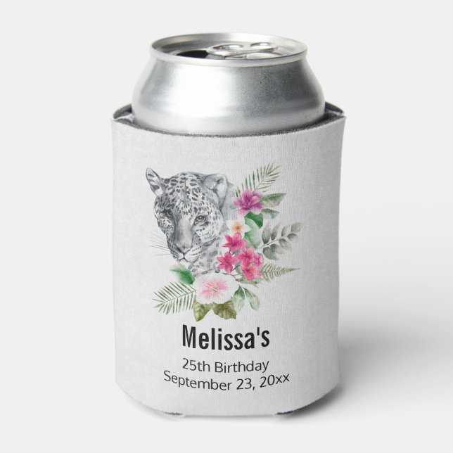 Beautiful Leopard Head in Watercolor Birthday Can Cooler (Can Front)