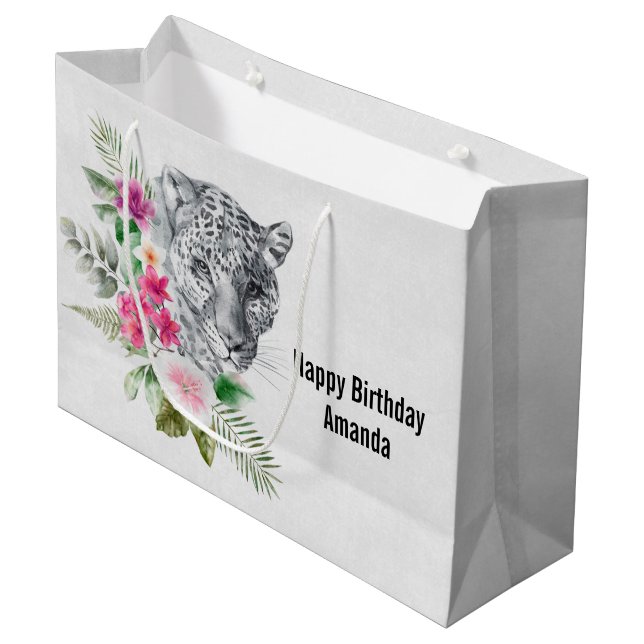 Beautiful Leopard Head in Watercolor Birthday Large Gift Bag (Front Angled)