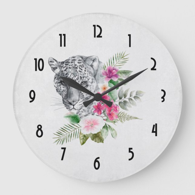 Beautiful Leopard Head Portrait in Watercolor Large Clock (Front)