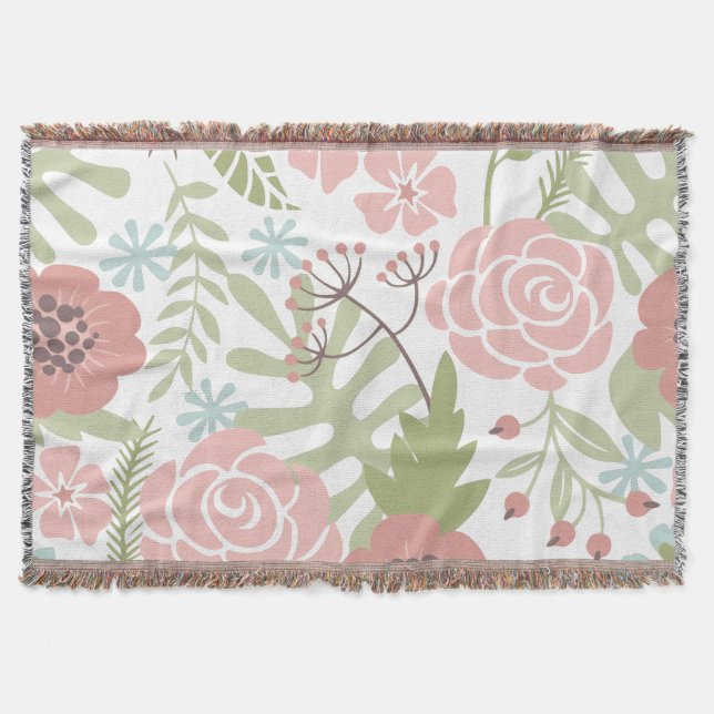 Beautiful Light Pink and Green Flowers Throw Blanket (Front)