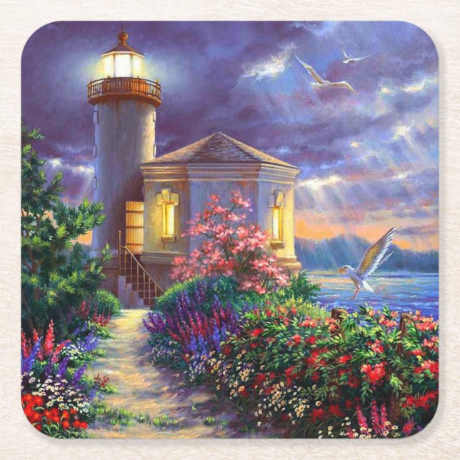 Beautiful Lighthouse at Sunset Fine Art Square Paper Coaster (Front)