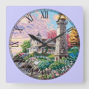 Beautiful Lighthouse Cottage Roman Numeral Square Wall Clock