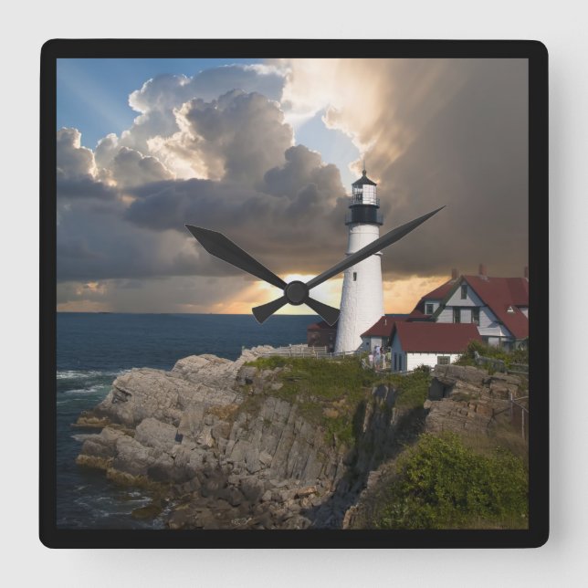 Beautiful Lighthouse Over Ocean Square Wall Clock (Front)