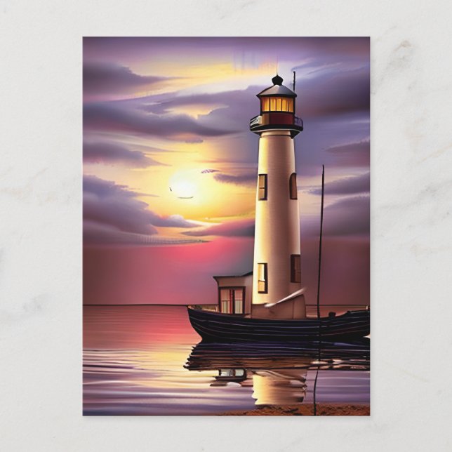 Beautiful Lighthouse, Sailboat and Ocean Sunset Postcard (Front)