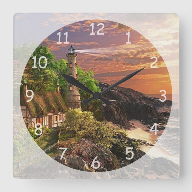 Beautiful Lighthouse Square Wall Clock (Front)