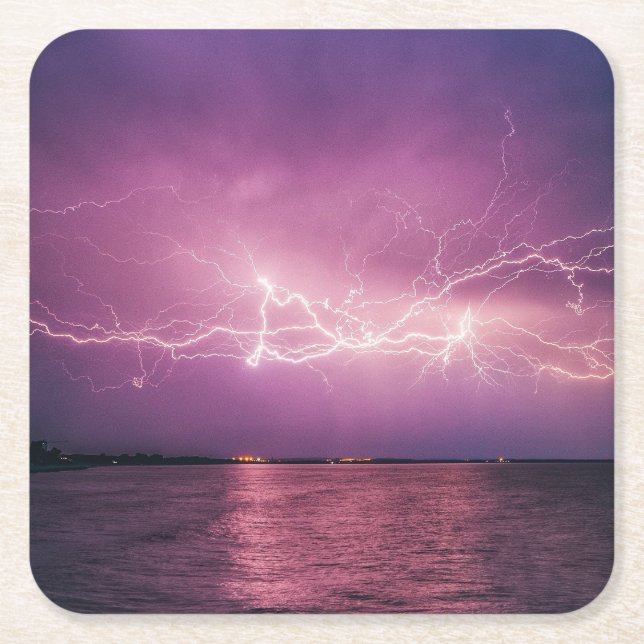 Beautiful Lightning Over the Lake at Dusk Square Paper Coaster (Front)