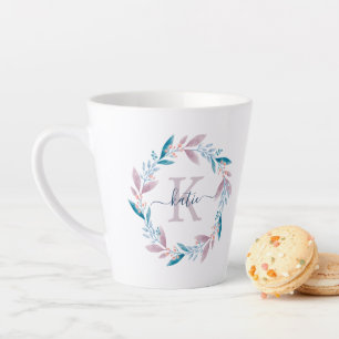 Beautiful Lilac Watercolor Floral Wreath Monogram Latte Mug
