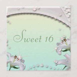 Beautiful Lilies and Sparkles Mint Green Sweet 16 Invitation