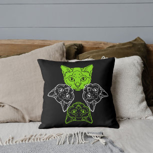 Beautiful Lime White Cats Head Animal Lover Black Throw Pillow