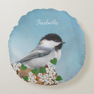 Beautiful Little Bird & Flowers Personalized Round Pillow