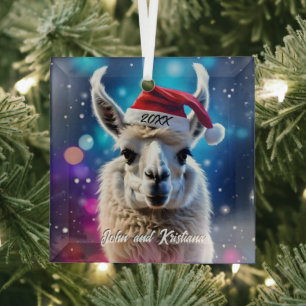 Beautiful Llama in a Santa Hat Glass Ornament