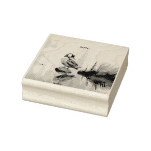 beautiful loon on a rock in watercolor rubber stamp