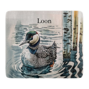 beautiful loon on water in watercolor cutting board