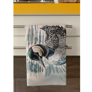 beautiful loon on water in watercolor kitchen towel