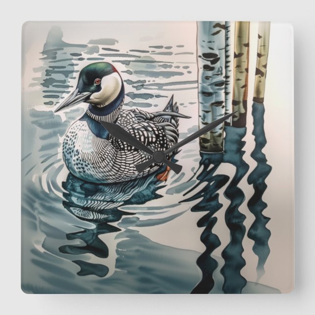 beautiful loon on water in watercolor square wall clock (Front)