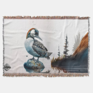 beautiful loon on water in watercolor throw blanket