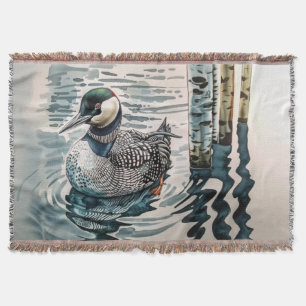 beautiful loon on water in watercolor throw blanket