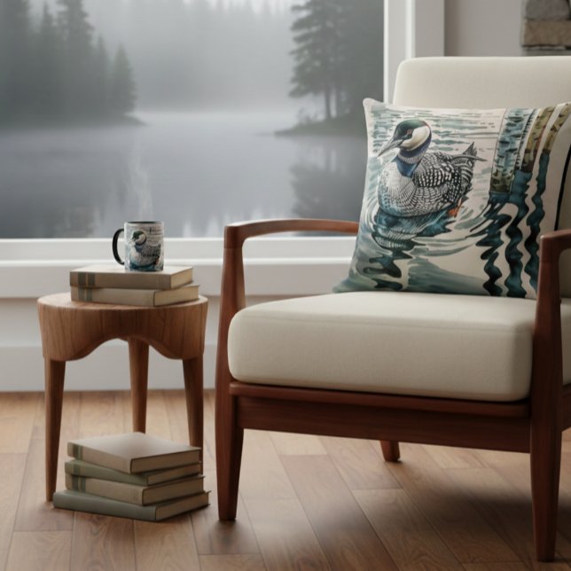 beautiful loon on water in watercolor throw pillow (Creator Uploaded)