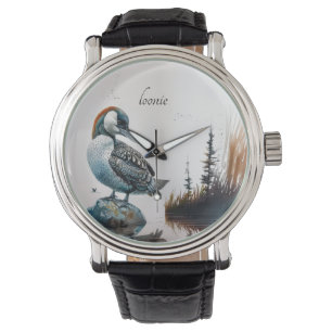 beautiful loon on water in watercolor watch