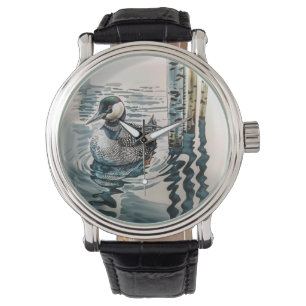 beautiful loon on water in watercolor watch