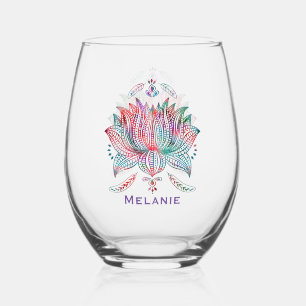 Beautiful Lotus Flower Boho Art Personalised Stemless Wine Glass