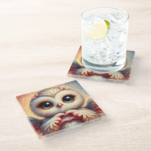 Beautiful Love Heart Owl Glass Coaster