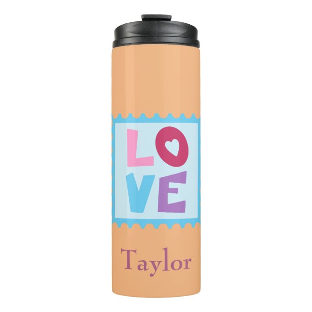 Beautiful Love Stamp set upon a peach background Thermal Tumbler (Front)