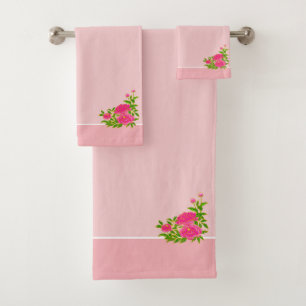 Beautiful Magenta Pink Peony Flowers on Light Pink Bath Towel Set