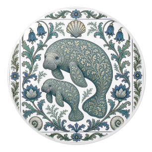Beautiful Manatee Mom And Baby Vintage Ornate Ceramic Knob