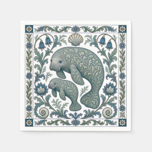 Beautiful Manatee Mom And Baby Vintage Ornate Napkin