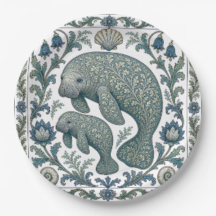 Beautiful Manatee Mom And Baby Vintage Ornate Paper Plate