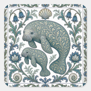 Beautiful Manatee Mom And Baby Vintage Ornate  Square Sticker