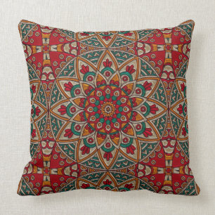 Beautiful Mandala Design Red, Teal, Orange Pillow