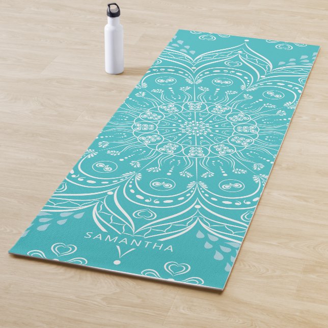 Beautiful Mandala Personalized Teal Blue Boho Yoga Mat (In Situ)